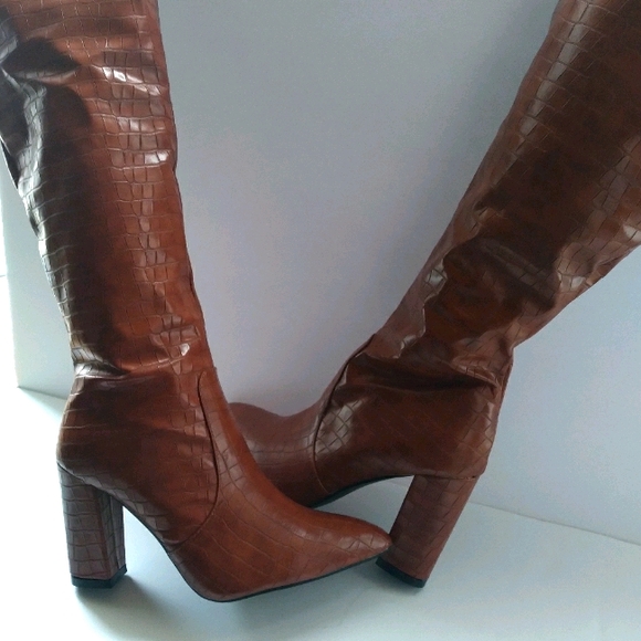 Croc Embossed Over Knee Chunky Heeled 